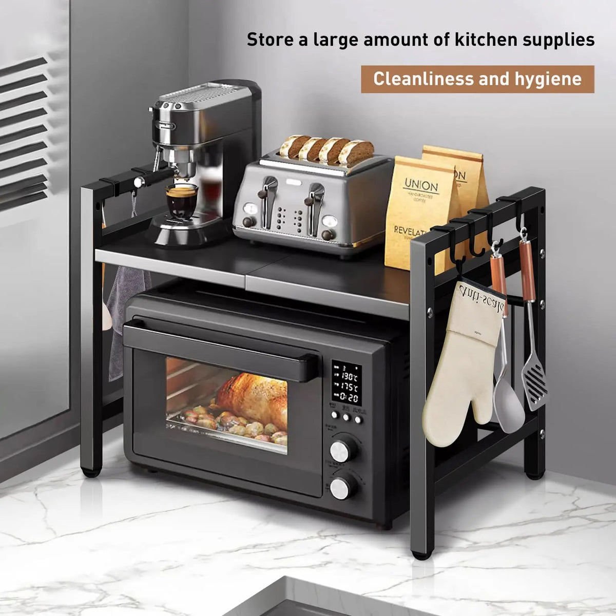 Expandable Microwave Shelf Organizer 42–64cm – Adjustable Countertop Storage Rack for Kitchen & Tableware